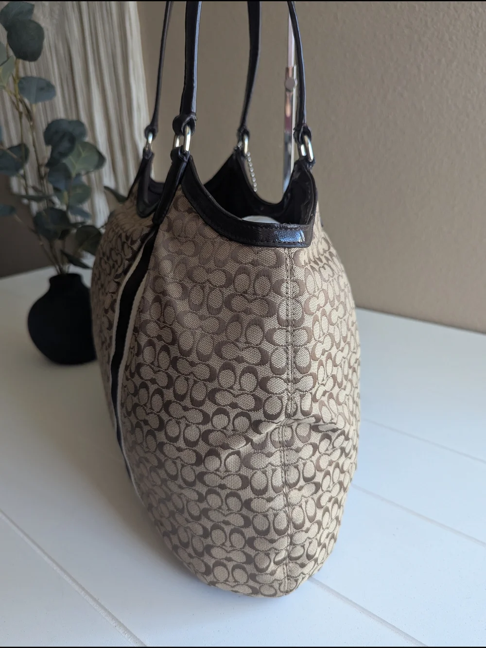 Coach Signature Stripe Devin Shoulder Tote Bag
